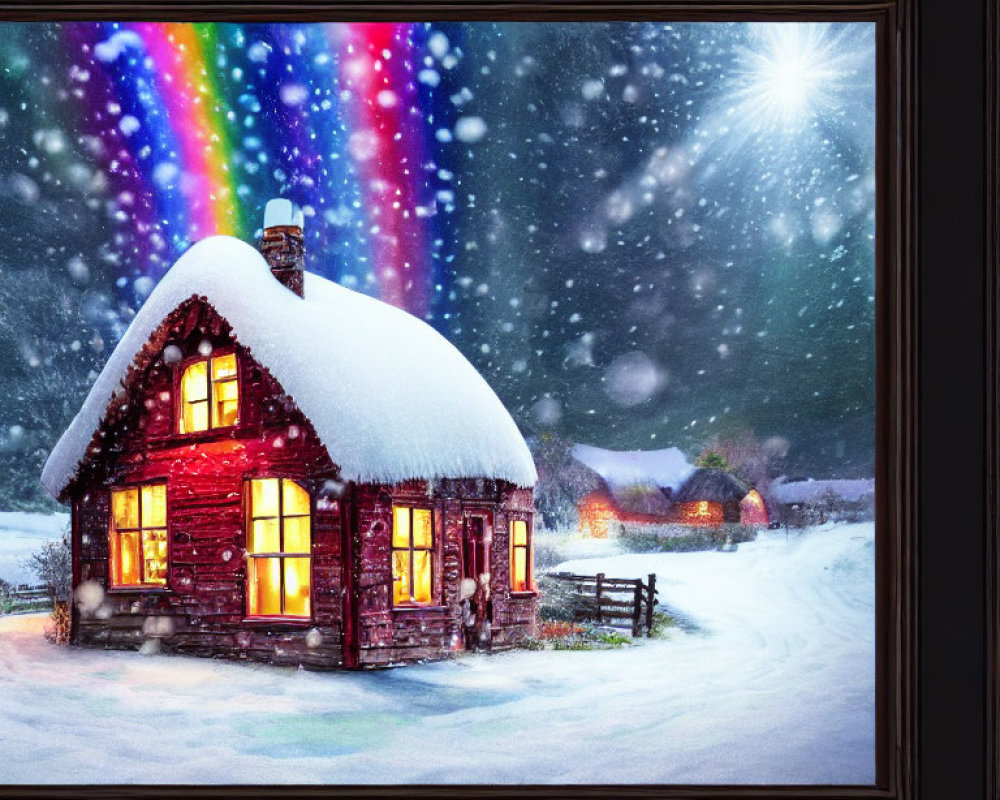 Snow-covered cabin with glowing windows under aurora borealis night sky in dark frame