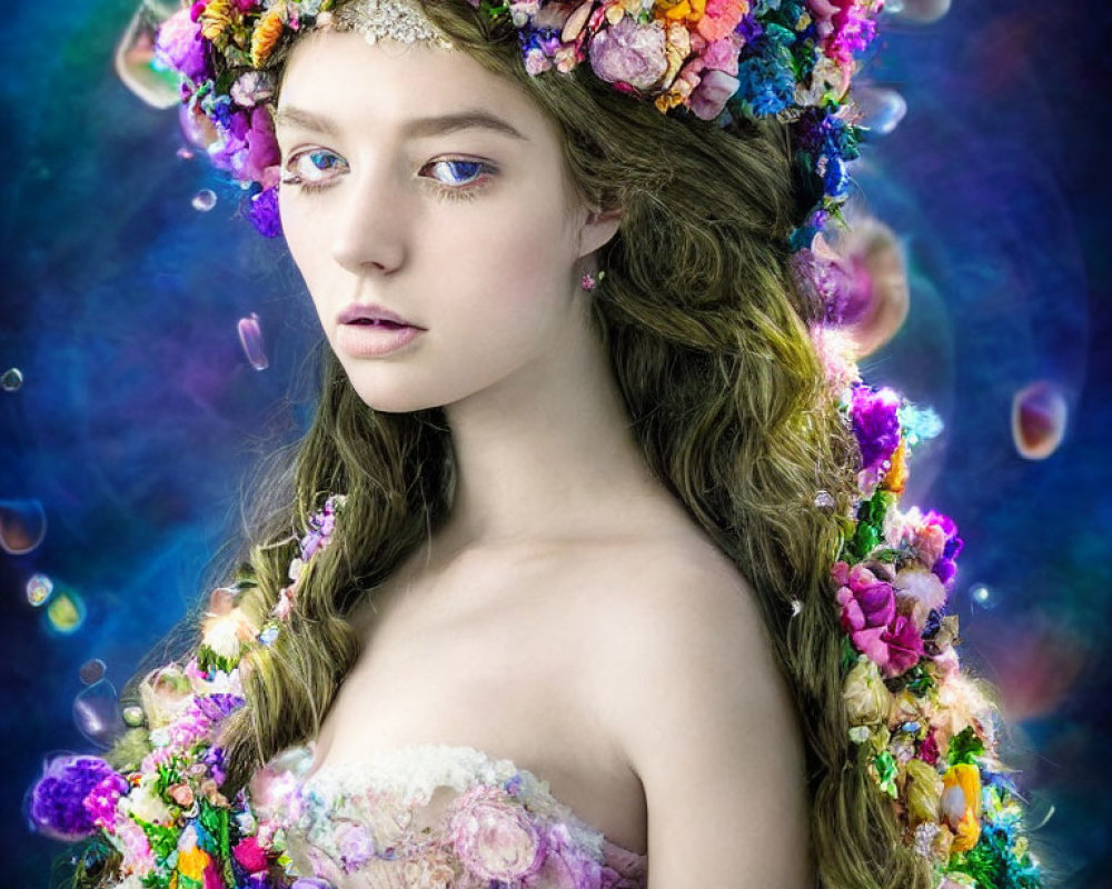 Woman in Floral Crown and Dress with Ethereal Gaze in Cosmic Background