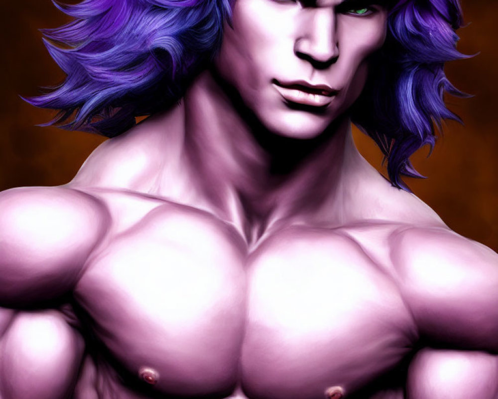 Muscular character with purple hair and green eyes on warm-toned backdrop