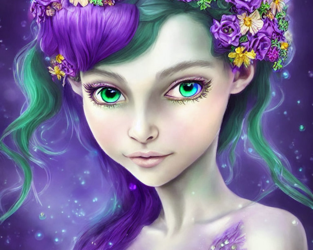 Fantasy illustration: Girl with green hair, floral crown, purple starry background