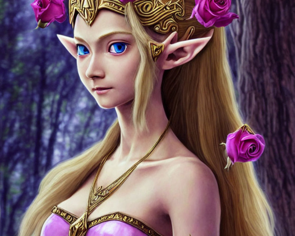 Elven lady with gold crown in purple dress in forest setting