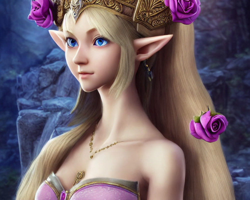 Blond Elf with Crown and Roses in Mystical Forest