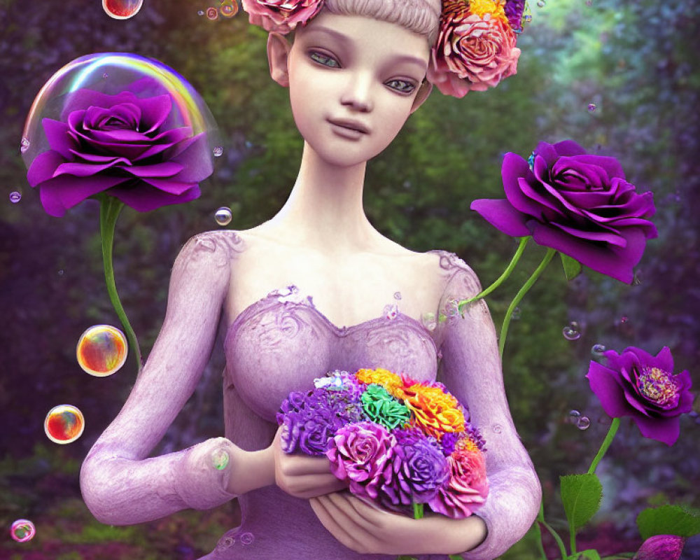 Purple-skinned woman with bouquet in fantastical garden surrounded by bubbles