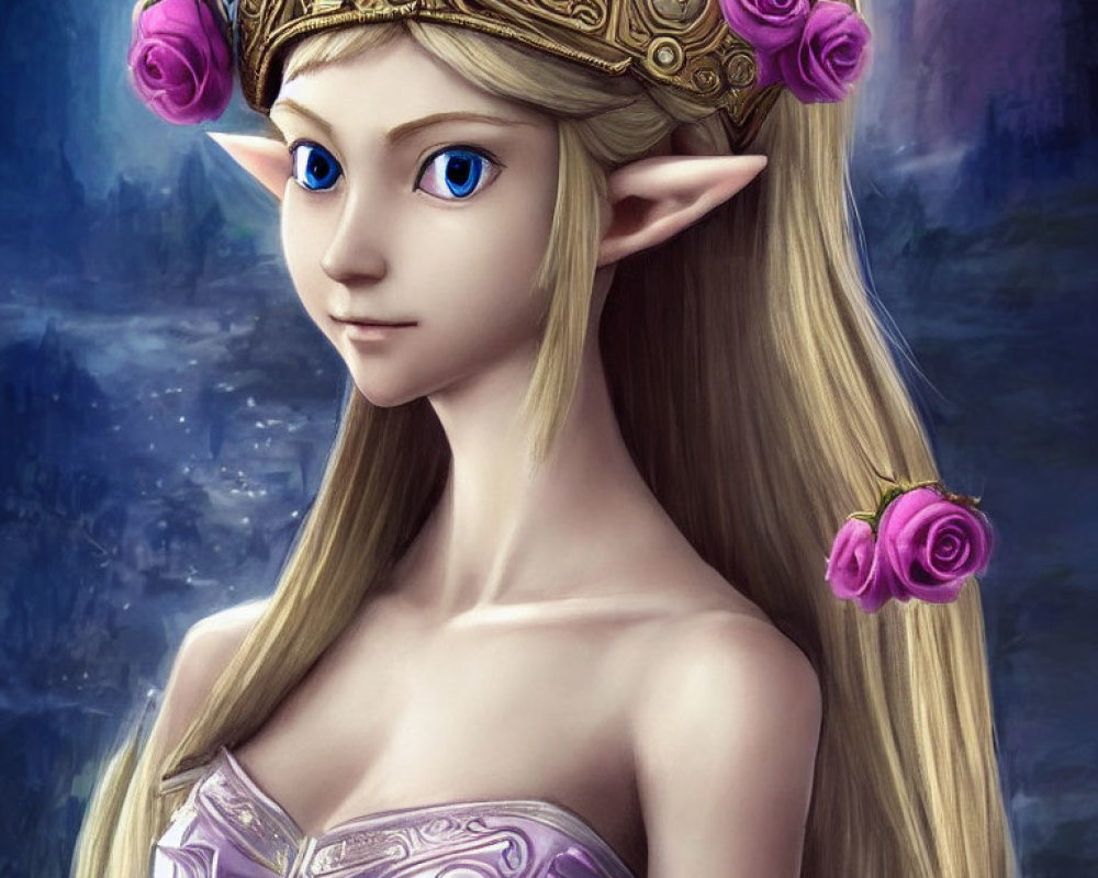 Illustrated elf with blue eyes in golden crown and purple roses, dressed in purple gown