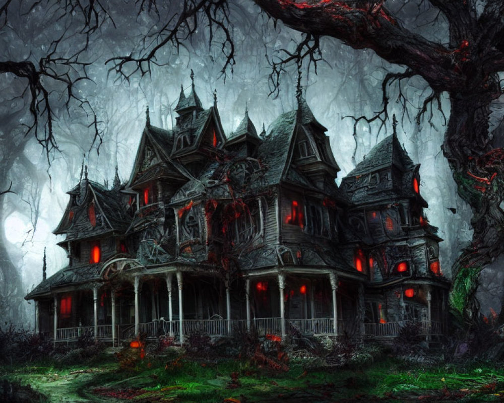 Eerie gothic mansion at night with red lights and twisted trees