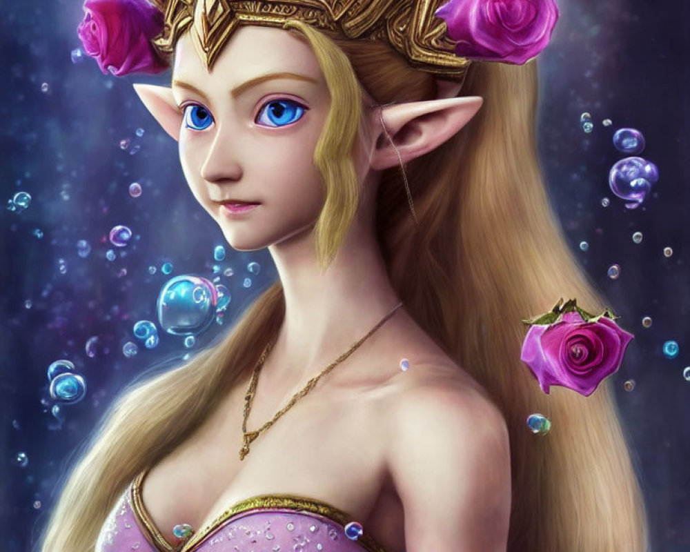 Elf princess digital painting with purple roses, golden crown, pointed ears, and mystical bubble background.