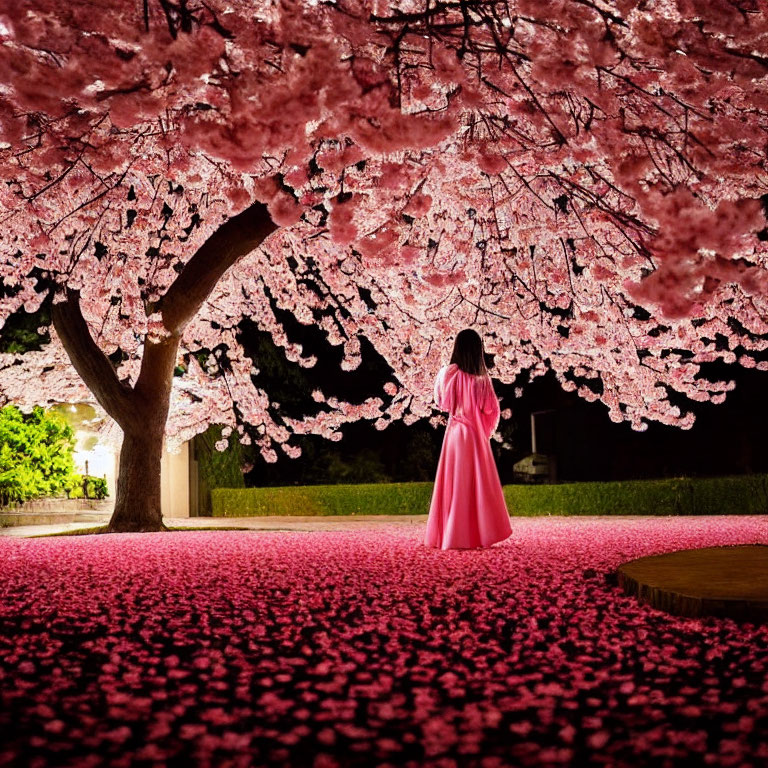 Person in Pink Dress Surrounded by Cherry Blossoms at Night