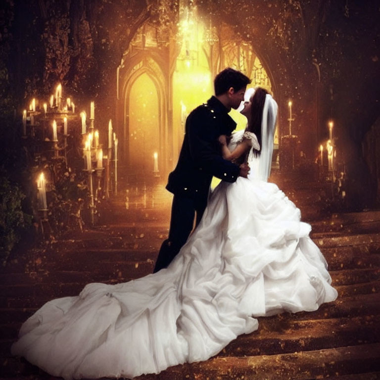 Wedding couple kissing on candlelit staircase with archway