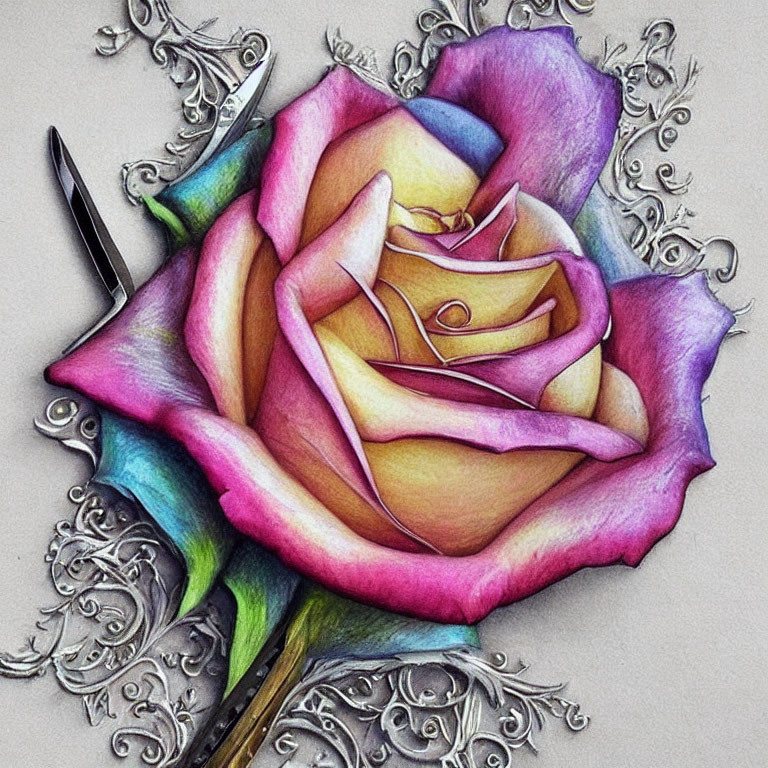 Colorful Rose Drawing with Silver Filigree Surroundings