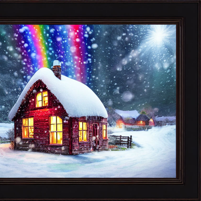 Snow-covered cabin with glowing windows under aurora borealis night sky in dark frame