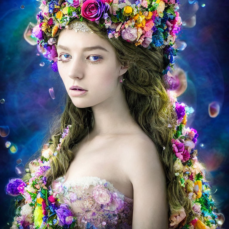 Woman in Floral Crown and Dress with Ethereal Gaze in Cosmic Background