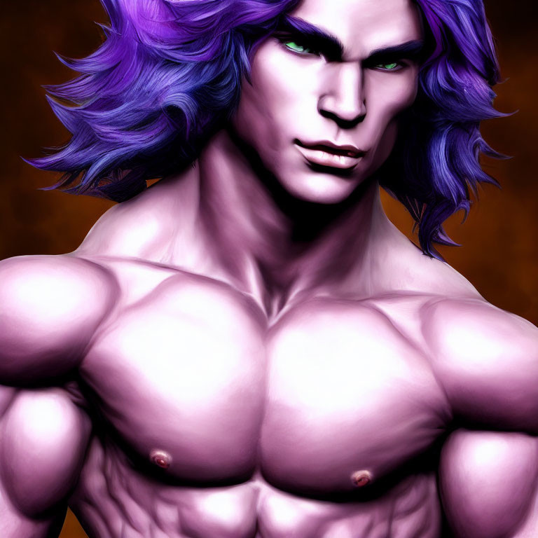 Muscular character with purple hair and green eyes on warm-toned backdrop