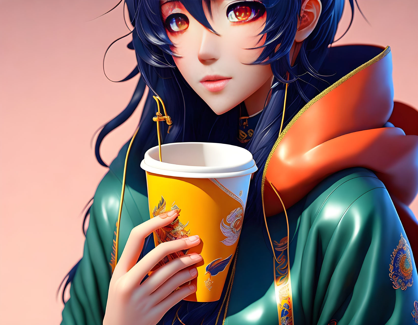 Vibrant digital art portrait of anime-style girl with red eyes and blue hair holding dragon cup in