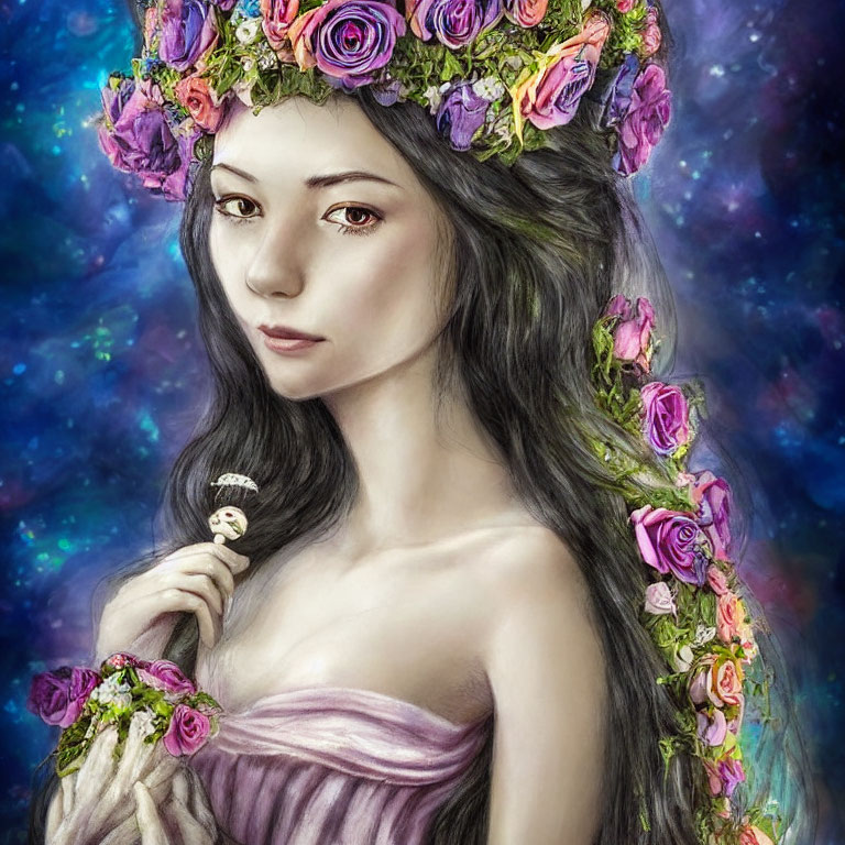 Woman with Floral Wreath Holding Mushroom in Starry Background