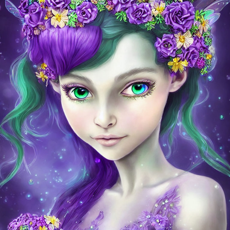 Fantasy illustration: Girl with green hair, floral crown, purple starry background