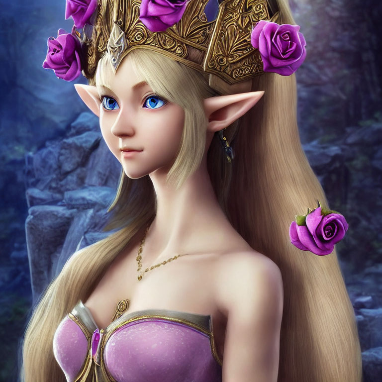 Blond Elf with Crown and Roses in Mystical Forest