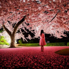 Person in Pink Dress Surrounded by Cherry Blossoms at Night