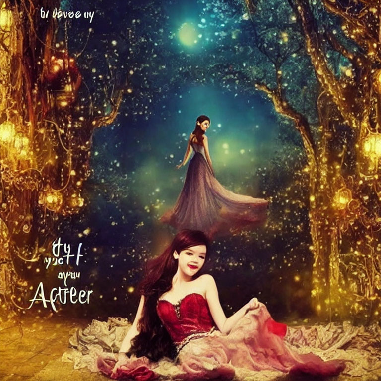 Two women in mystical forest with lanterns, one standing, one in red dress, under stars and