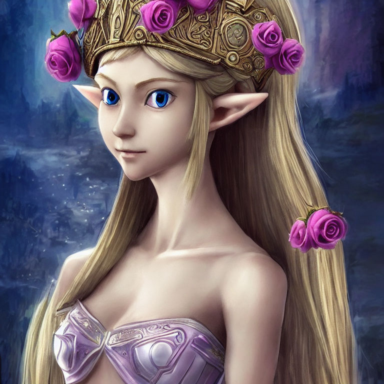 Illustrated elf with blue eyes in golden crown and purple roses, dressed in purple gown