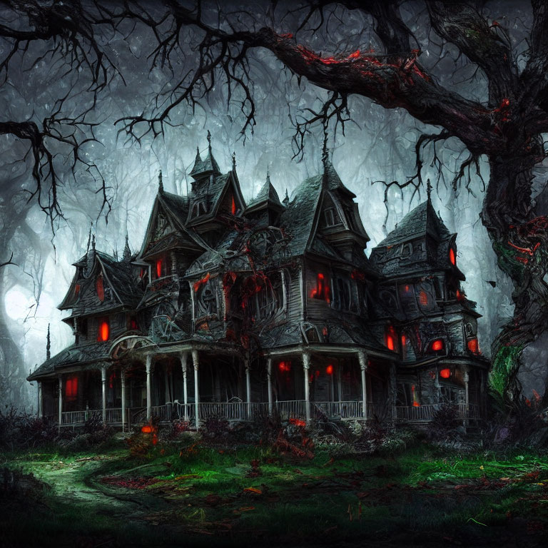 Eerie gothic mansion at night with red lights and twisted trees