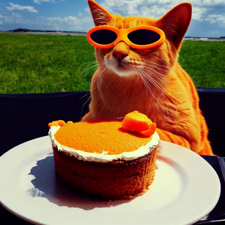 Orange Cat with Sunglasses Enjoying Cake Outdoors Under Blue Sky