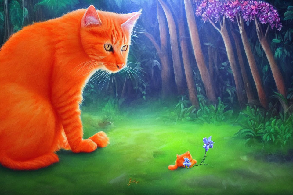 Orange Cat Observes Miniature Cat Reading Book in Forest Clearing