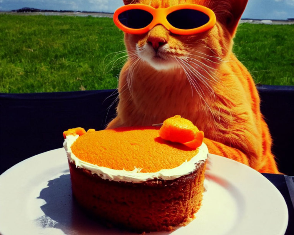 Orange Cat with Sunglasses Enjoying Cake Outdoors Under Blue Sky