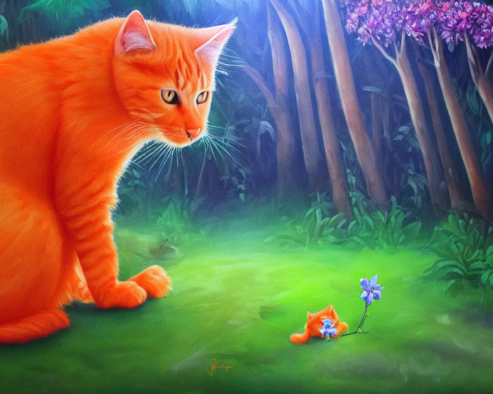 Orange Cat Observes Miniature Cat Reading Book in Forest Clearing