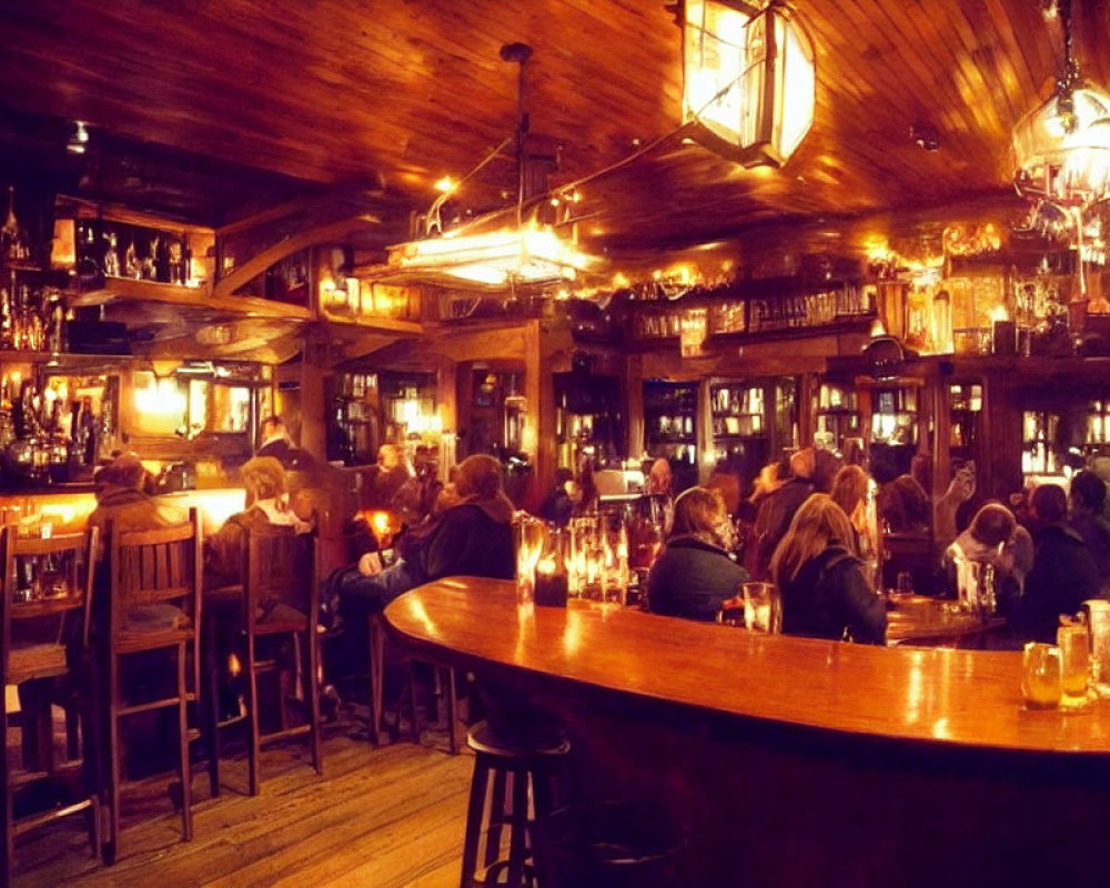 Warmly Lit Pub with Wooden Interiors and Patrons Enjoying Drinks