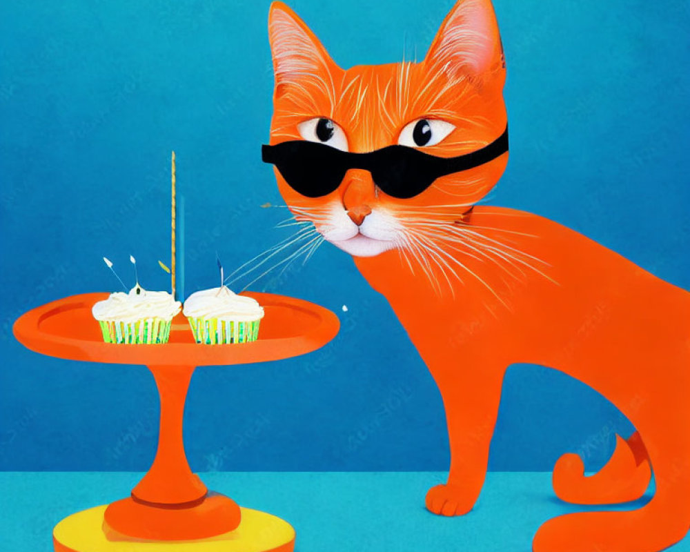 Orange cat with black mask near cupcakes and candles on blue background