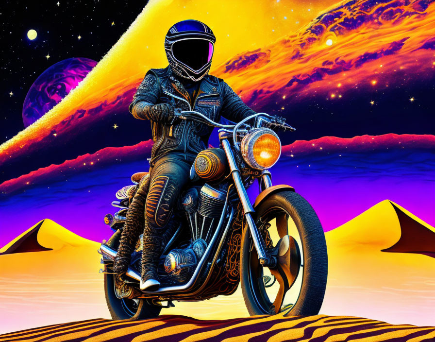 Motorcyclist in full gear rides custom bike in desert with pyramids under cosmic sky