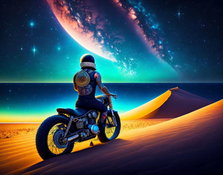 Tattooed person on motorcycle under starry sky with planet in background