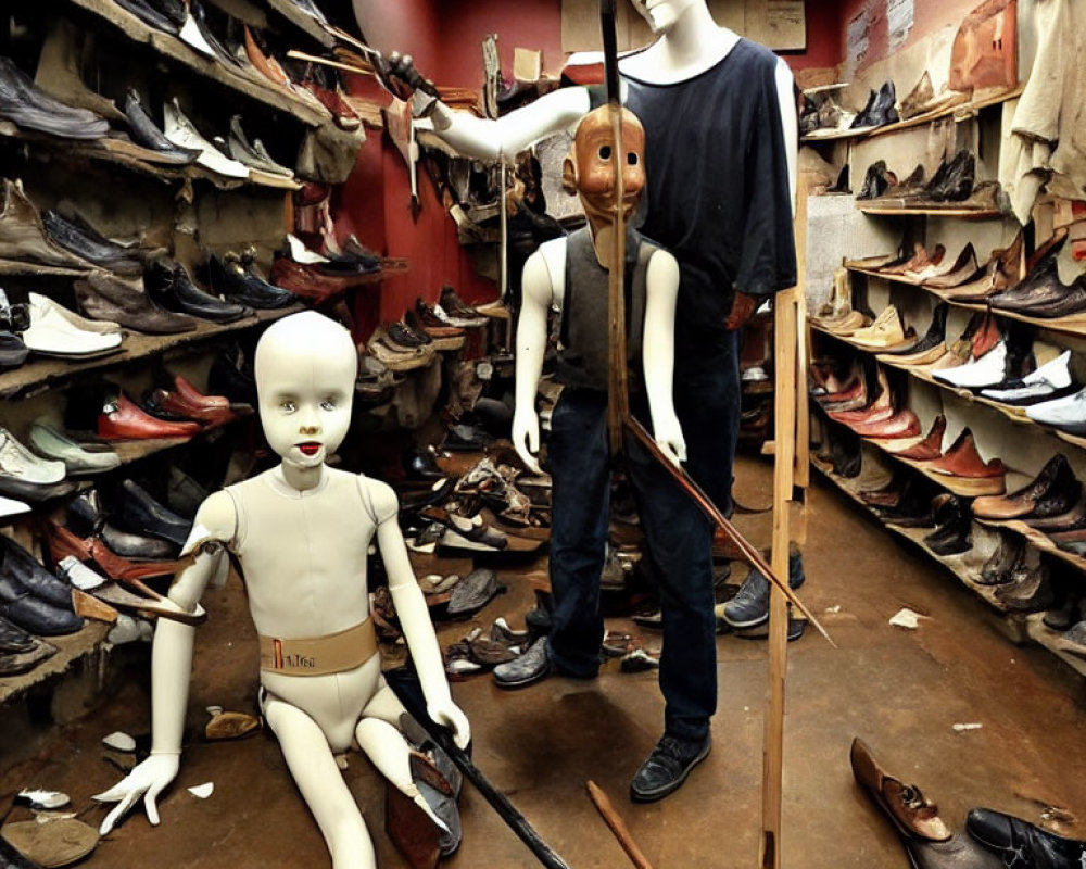 Mannequins in cluttered room with shoes on shelves