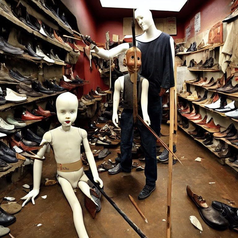 Mannequins in cluttered room with shoes on shelves