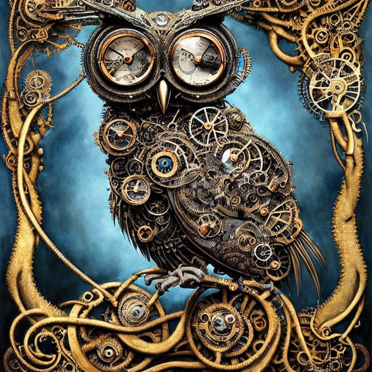 Mechanical owl artwork with gears and metal parts on blue cloudy background