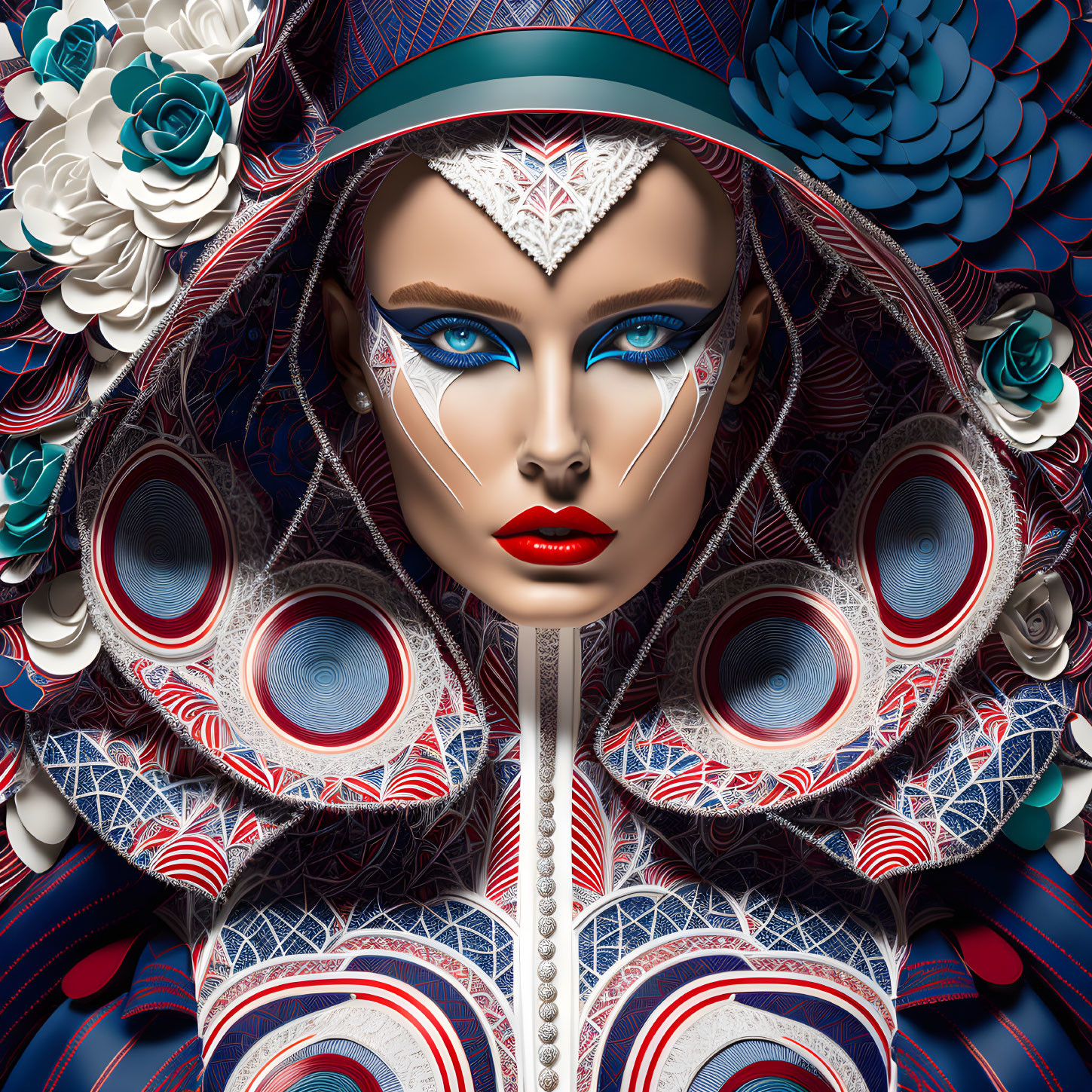 Vivid digital artwork: Stylized female figure with bold makeup and floral patterns