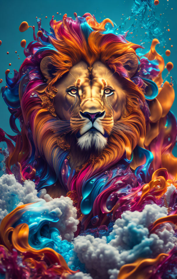 Colorful Lion Artwork with Flowing Mane and Dynamic Paint Splashes