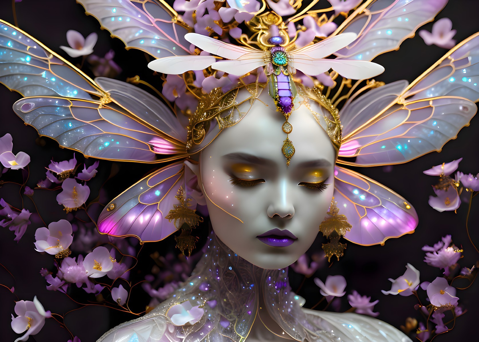 Digital artwork featuring mystical figure with butterfly wings, golden headpieces, and purple blooms.