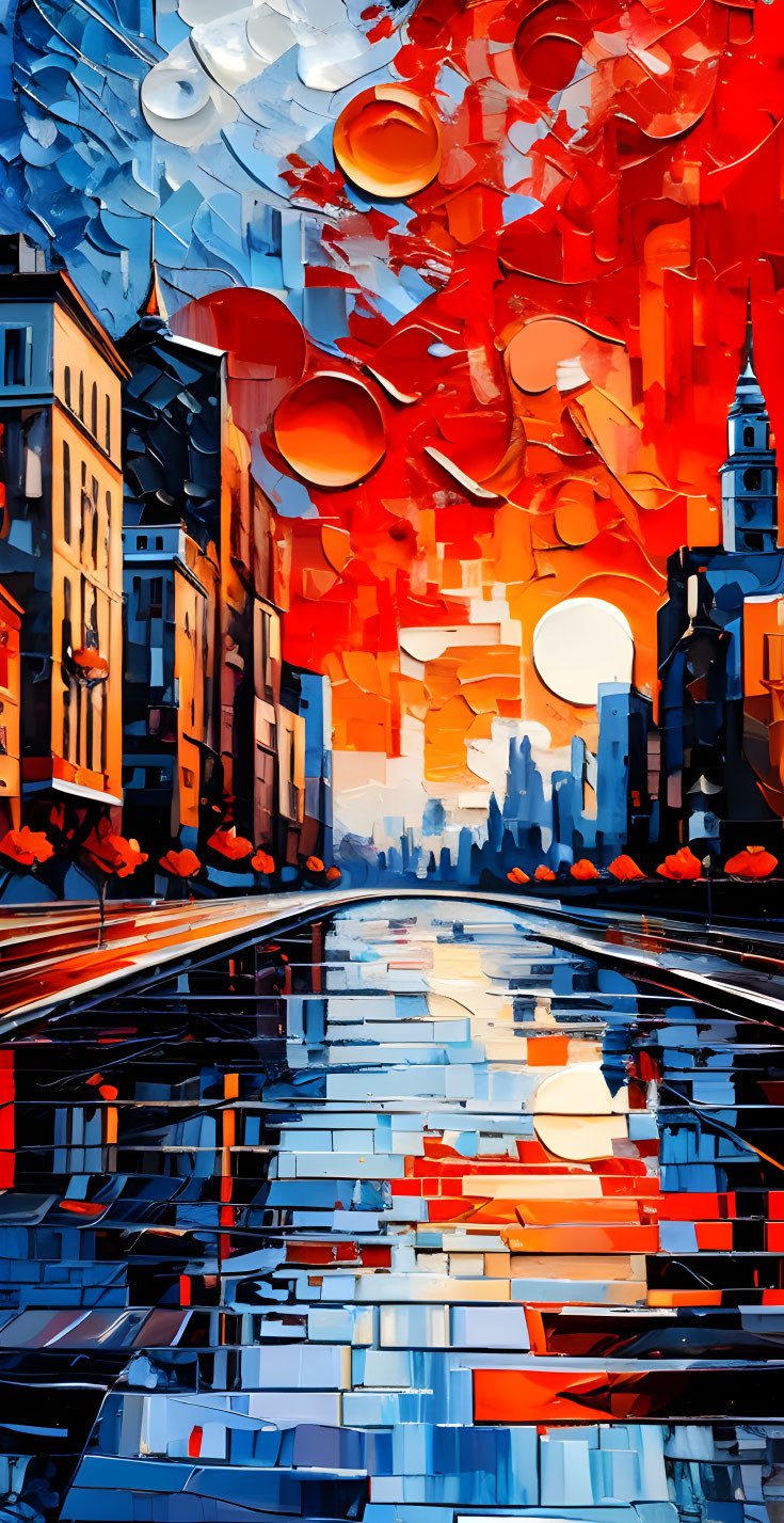 Abstract Cityscape in Fiery Red and Cool Blue Tones