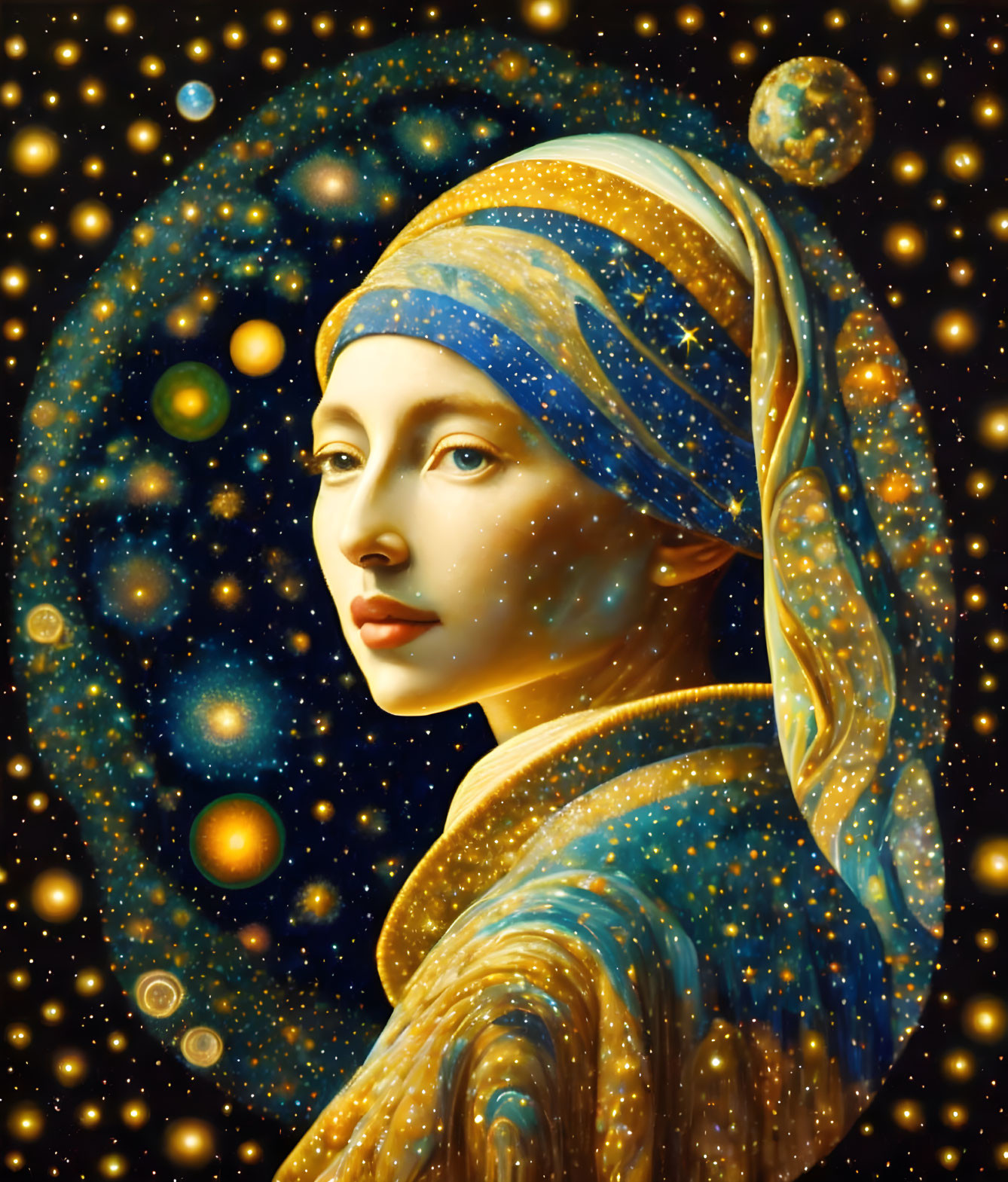 Digital art portrait: Woman with starry cosmos hair and cloak in dark space with orbs and stars