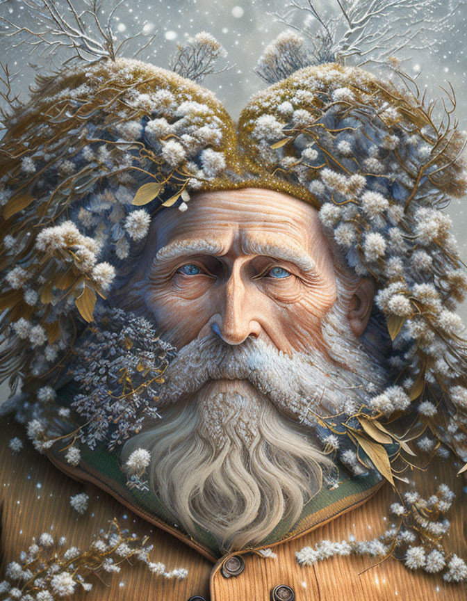 Elderly man illustration with wintry theme and snow-covered beard