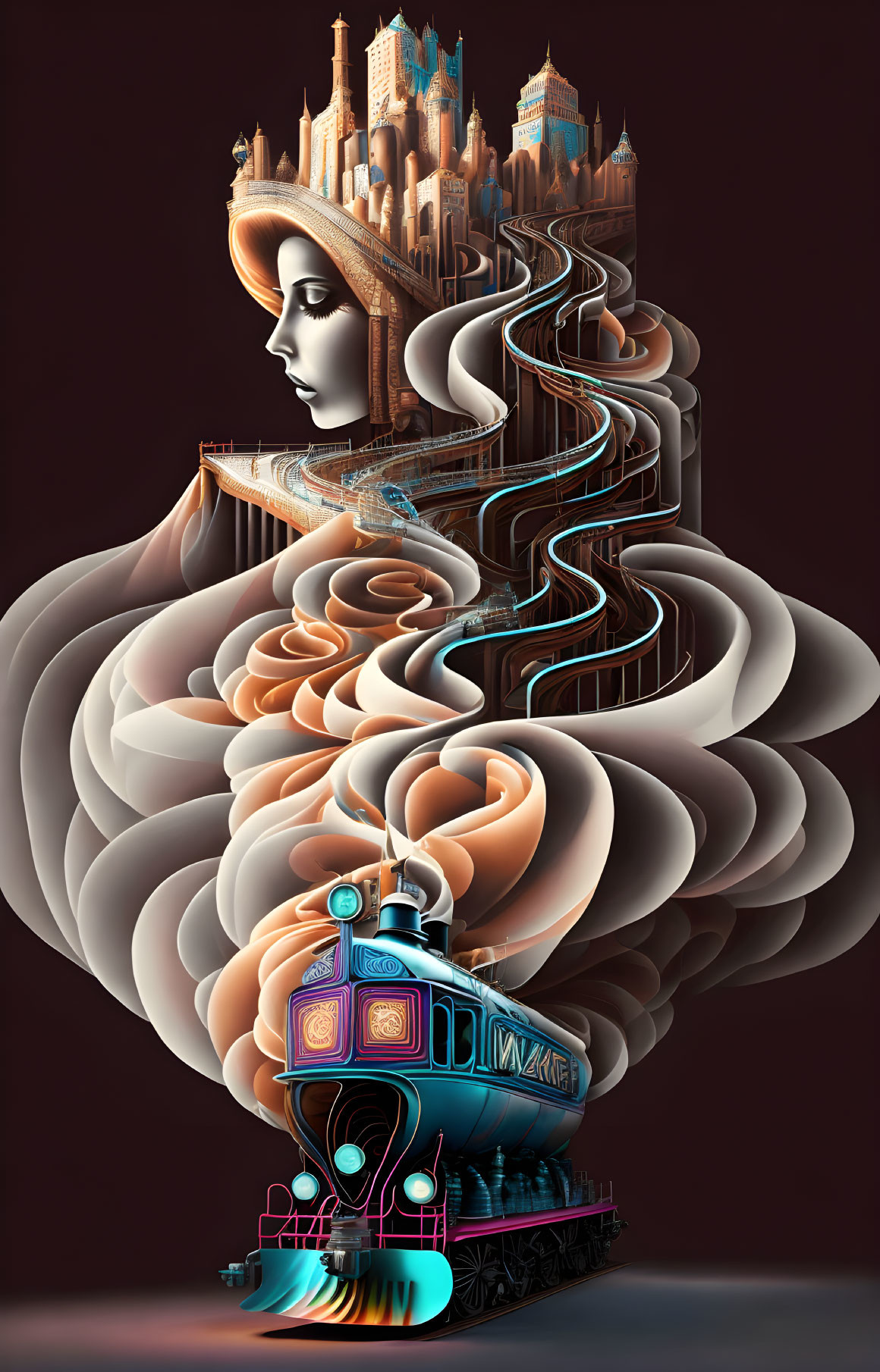 Woman's profile with fantastical cityscape & colorful train on floral patterns