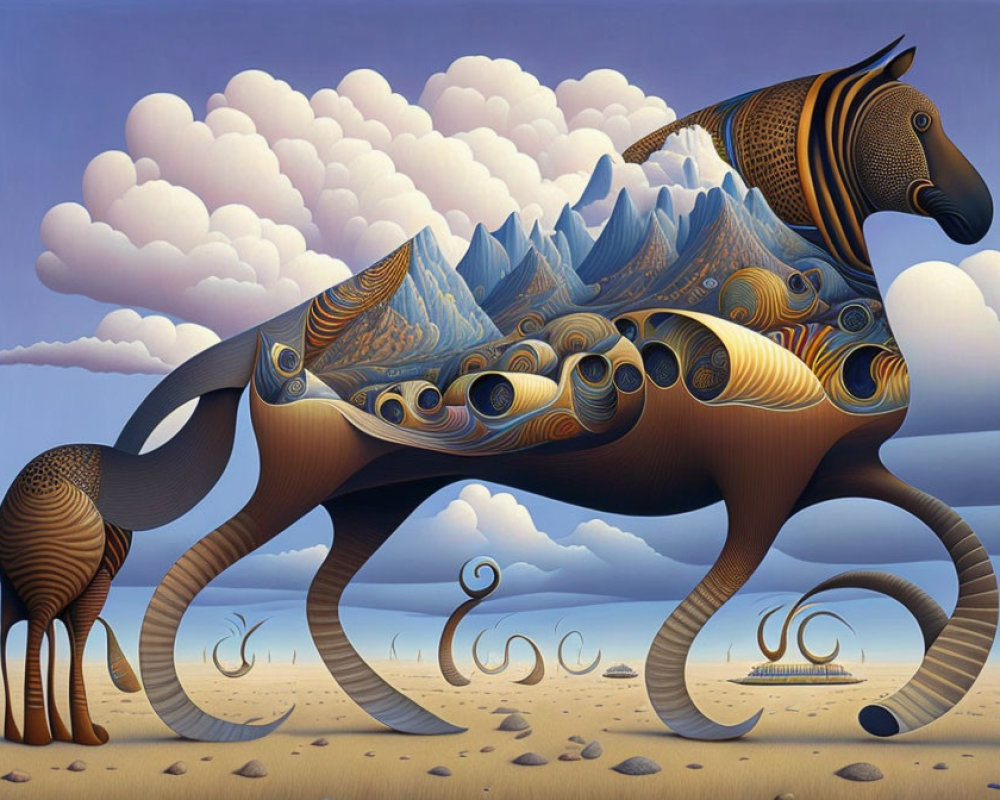 Surreal Horse Painting with Mountainous Landscape Body and Desert Background