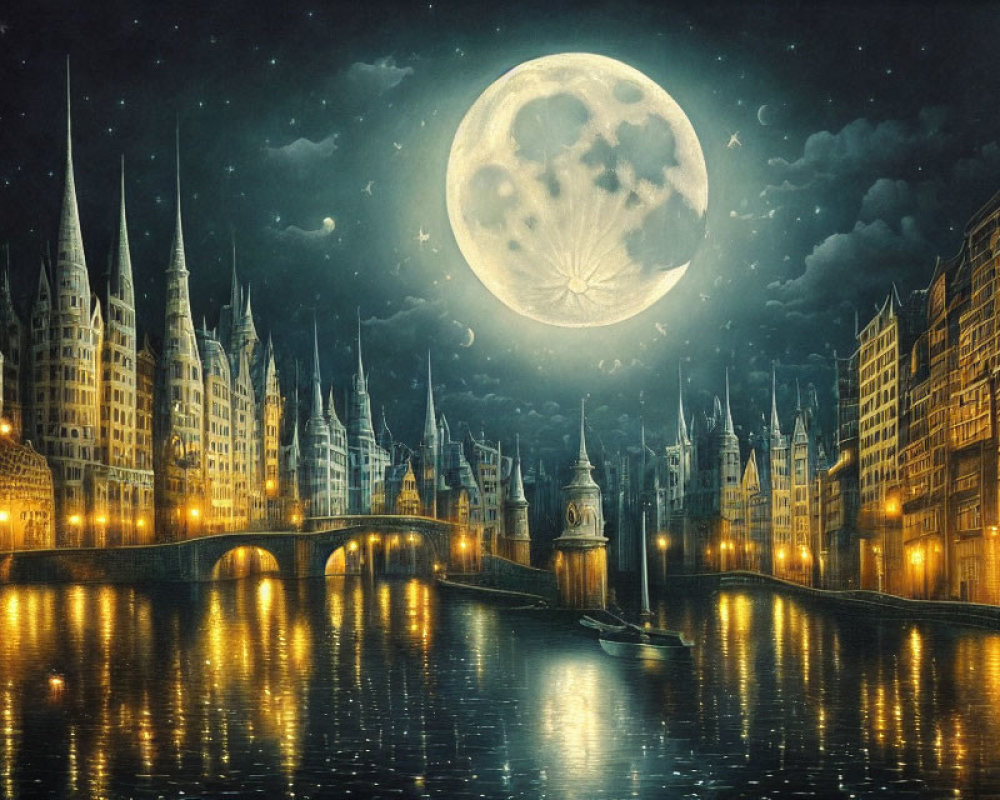 Fantasy cityscape at night with glowing moon, starlit sky, illuminated buildings, calm river,