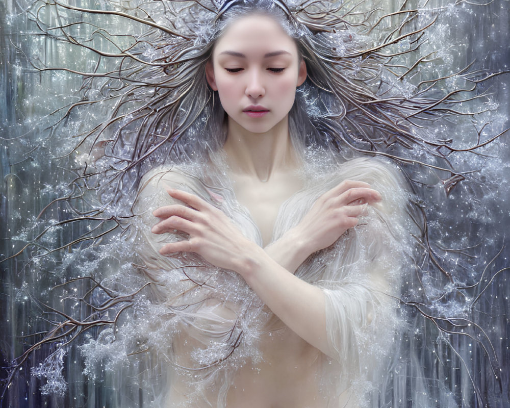 Mystical figure with tree branch hair in wintry forest scene