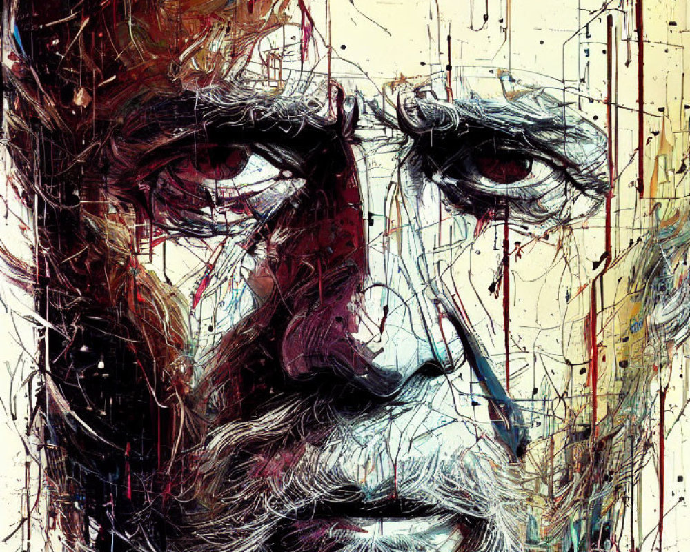 Colorful Abstract Portrait with Dynamic Brush Strokes and Intense Male Face