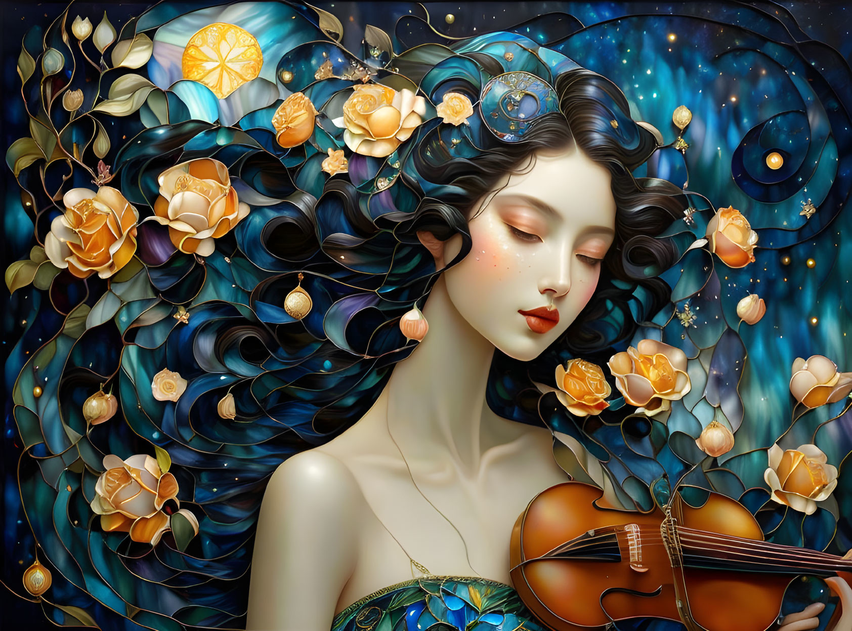 Surreal illustration of woman with dark hair and violin in cosmic setting