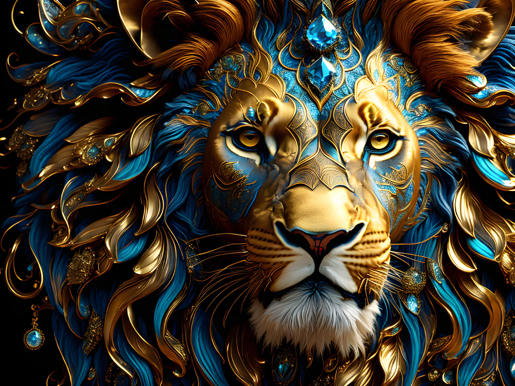 Vibrant digital artwork: Lion with ornate blue and gold mane