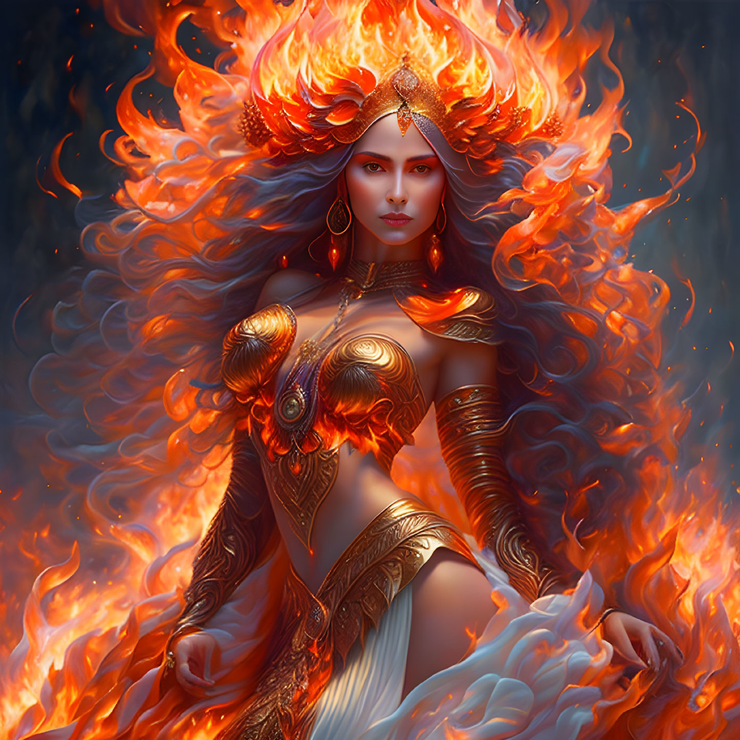 Fiery-haired woman in golden armor surrounded by flames