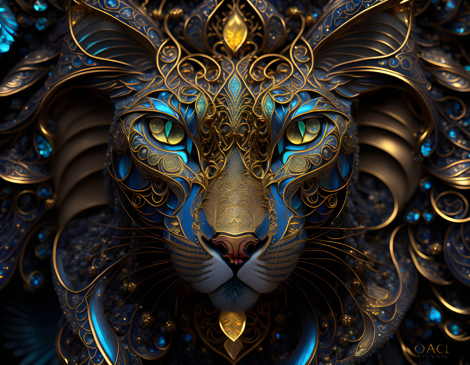 Stylized lion's face with intricate golden and blue patterns